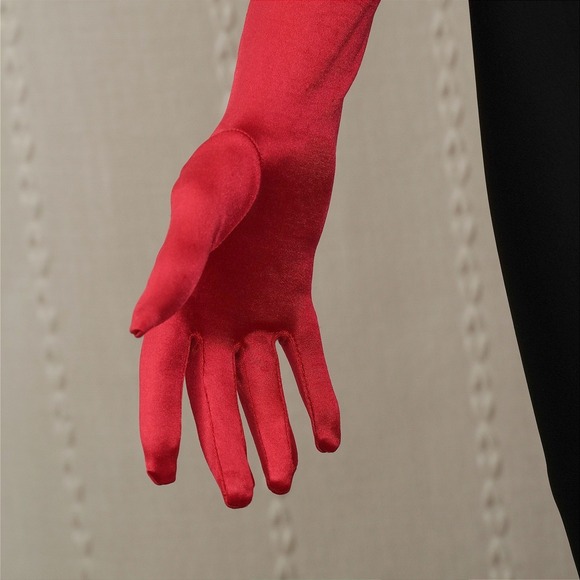 Scarlet Red Satin Cocktail Length Gloves (just below elbow 8BL) Formal Evening - Picture 2 of 5